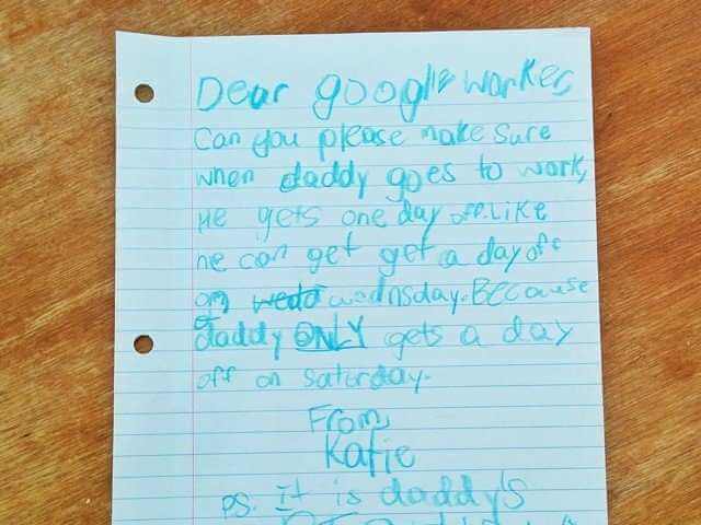 Một bé gái gửi thư yêu cầu Google cho cha cô ấy một ngày nghỉ phép, và Google đã đáp lại yêu cầu của bé gái