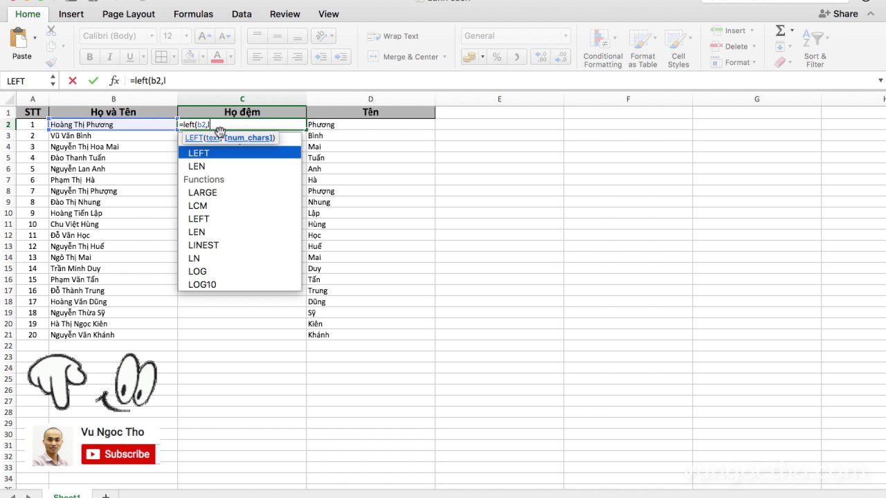 Cách tách họ và tên danh sách trên Excel nhanh nhất, đơn giản nhất