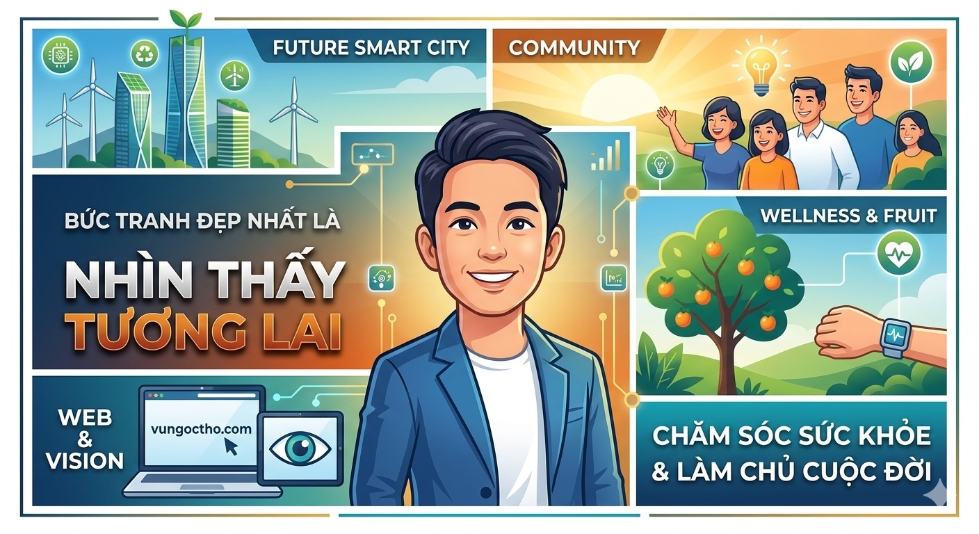 Bảng tầm nhìn (Vision Board) minh họa bài viết "Bức tranh đẹp nhất là nhìn thấy tương lai" trên blog vungoctho.com, gồm hình ảnh người đàn ông năng động, thành phố thông minh xanh, cộng đồng hạnh phúc và lối sống chăm sóc sức khỏe chủ động.