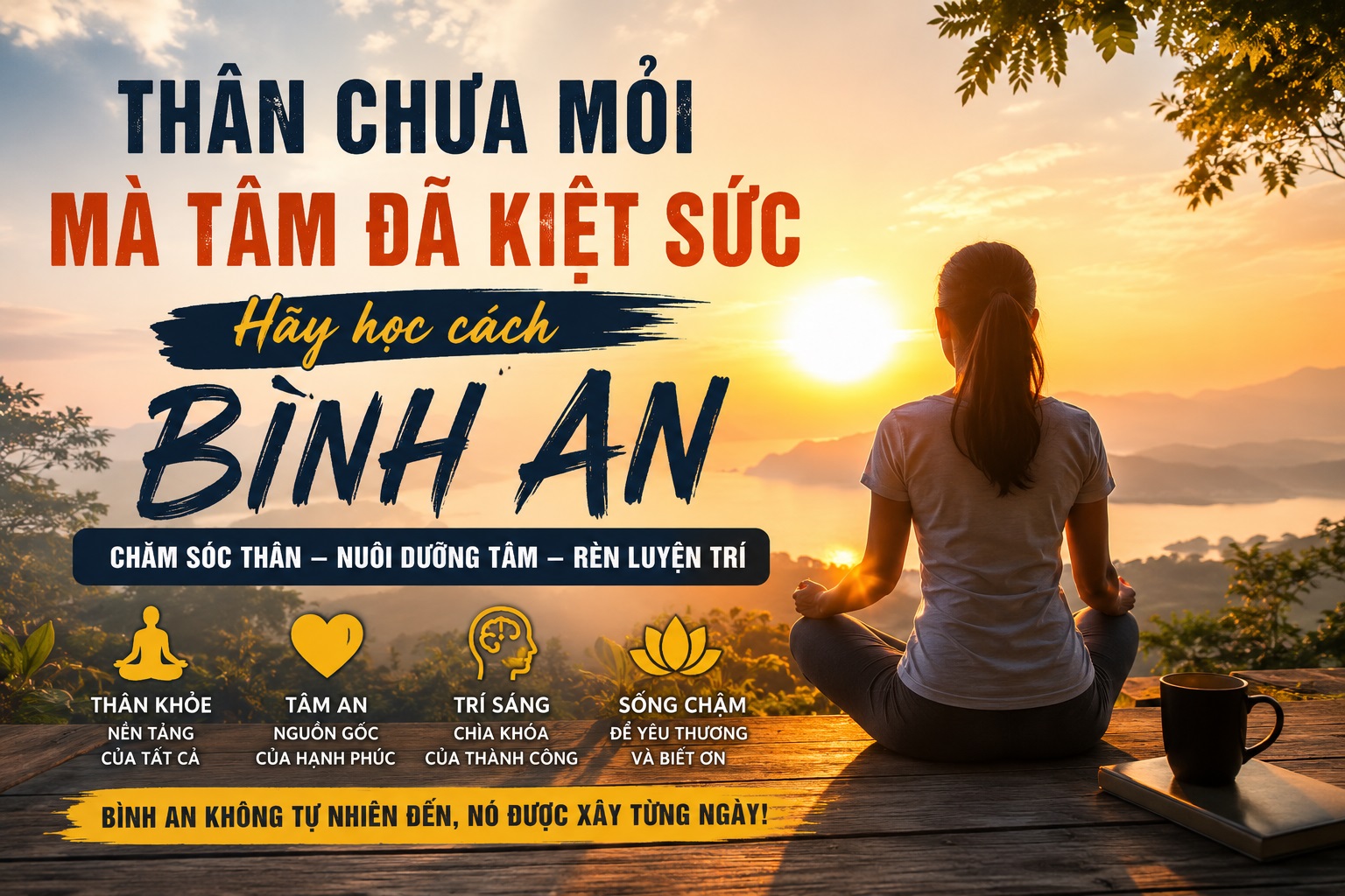 Ảnh minh hoạ về tâm bình an và chữa lành tinh thần với người phụ nữ ngồi thiền ngắm bình minh trên núi. Nội dung truyền tải thông điệp chăm sóc THÂN – TÂM – TRÍ, giảm stress, sống tích cực và cân bằng cảm xúc giữa cuộc sống áp lực hiện đại.